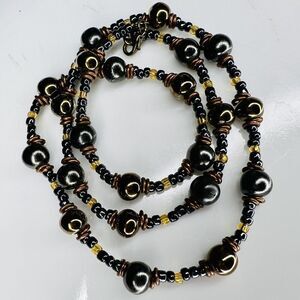 STUNNING Vintage Faux Pearl Black Brown Yellow Tone Beaded Beads Necklace 4021